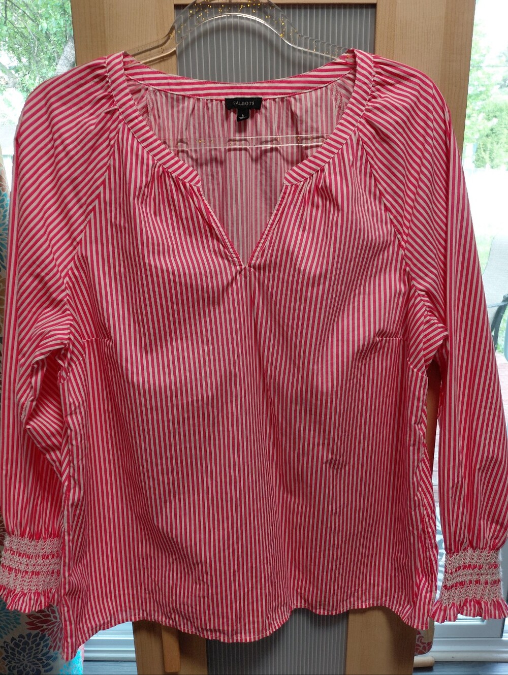 Talbots Red White Striped Peasant Cotton Blouse Top W/Embroidered Sleeve Cuffs